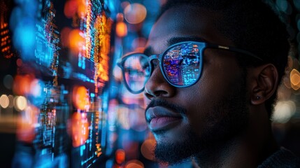 Man analyzing data, city night, digital screen, future tech