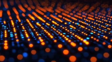 Digital data stream flowing, circuit board background, tech concept