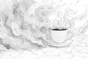 A contemporary drawing of a coffee cup featuring a continuous line sketch, a tea symbol, steam, and an abstract backdrop, ideal for a cafe logo or food-related design