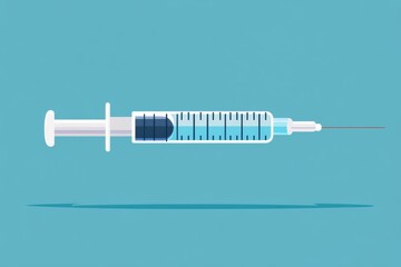 Poster - Syringe filled with liquid on a simple blue background with clear markings for dosage measurement. Generative AI
