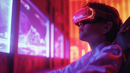 Teenager engages in strategy game using holographic display in neon-lit gaming room