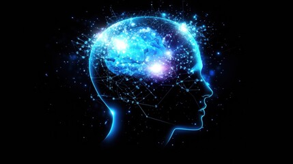 Fototapete - Human brain silhouette with glowing AI nodes and cosmic patterns in a digital cyberpunk landscape at night. Generative AI