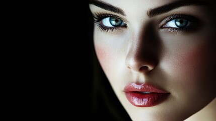 Aufkleber - Fashion portrait showcasing a woman with smooth skin and captivating blue eyes in artistic lighting. Generative AI