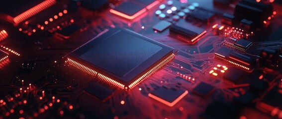red-lit cpu on motherboard; glowing circuits; tech background; website design