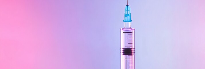 Leinwandbilder - Minimalist composition featuring a syringe filled with clear solution on a vibrant pastel background. Generative AI