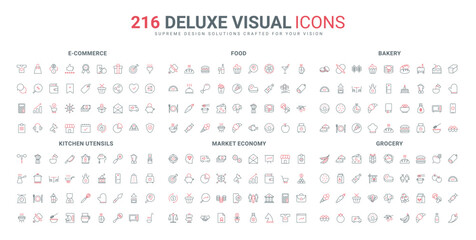 Wall Mural - financial market strategy and money, food and drink, chefs tools to cook line icon set. order and ba