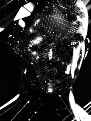 Wall Mural - Human head silhouette filled with glowing AI nodes and digital fractals in a cosmic cyberpunk setting. Generative AI