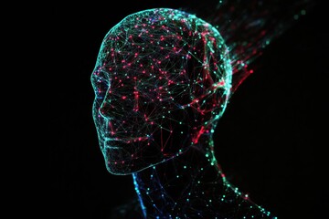 Leinwandbilder - Interconnected AI nodes in human head silhouette against cosmic cyberpunk background showcasing digital fractal patterns. Generative AI