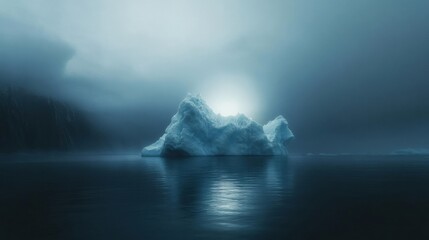 Poster - Melting iceberg drifts silently in deep blue waters under a vast empty sky. Generative AI
