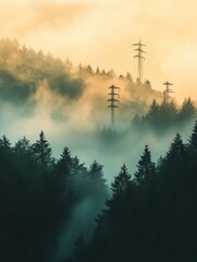 Wall Mural - natural gas infrastructure blends with misty forest landscape promoting eco friendly energy solution