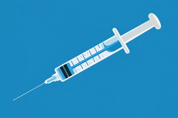 Poster - Realistic syringe with liquid against a blue background for medical and educational purposes in healthcare settings. Generative AI
