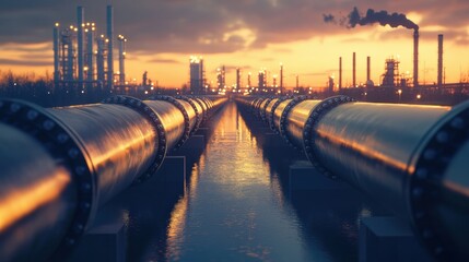 Poster - Long pipelines extend into the horizon with industrial structures and smokestacks at sunset creating a striking landscape. Generative AI