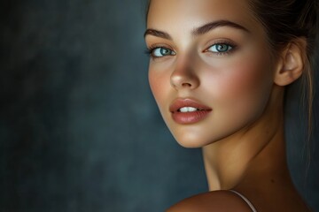 Poster - Elegant fashion portrait featuring a woman with youthful skin in modern beauty style with artistic lighting. Generative AI