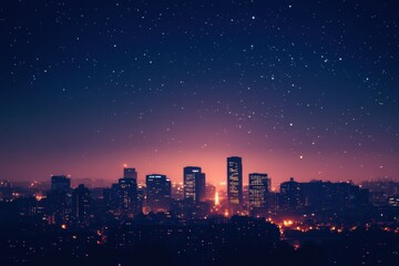 Wall Mural - City skyline illuminated at night with twinkling stars and glowing lights in the background. Generative AI