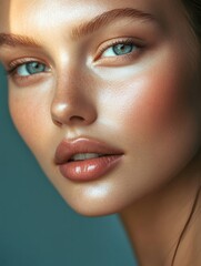 Poster - Modern beauty portrait showcasing a woman with smooth skin and artistic lighting in a serene, minimalistic setting. Generative AI
