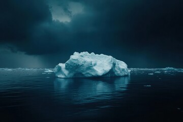 Aufkleber - Melting iceberg floats serenely in dark blue waters under a cloud covered sky. Generative AI