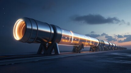 Aufkleber - Long metallic pipelines transport gas in distant industrial landscape during twilight. Generative AI