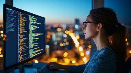 A woman coder develops software in a modern home office
