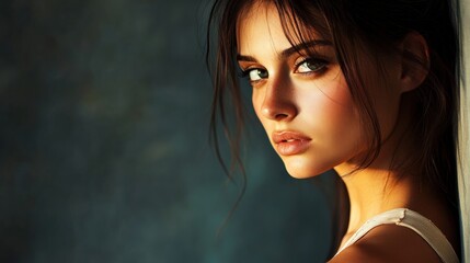 Aufkleber - Captivating portrait of a woman showcasing modern beauty with artistic lighting and youthful skin. Generative AI