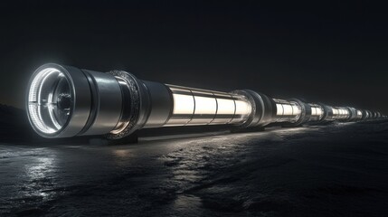 Aufkleber - Long gas pipelines stretch into the distance showcasing industrial design and metallic textures at night. Generative AI