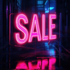 Aufkleber - Bright glowing sale sign in urban alley at night highlighting promotions in vibrant neon colors. Generative AI