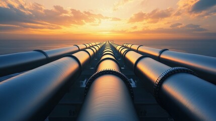 Poster - Pipelines stretch into the horizon during a vibrant sunset, showcasing industrial design and metallic beauty. Generative AI