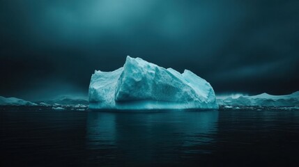 Fototapete - Melting iceberg floats in deep blue waters under a vast empty sky, highlighting climate change effects on polar regions. Generative AI