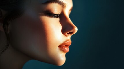 Poster - Modern beauty portrait showcasing youthful skin with artistic lighting effects. Generative AI