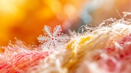 Wall Mural - a delicate snowflake rests on vibrant, colorful fibers. the intricate patterns of the ice create a s