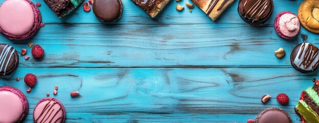 Wall Mural - Assorted Macaroons and Desserts on Distressed Blue Wood Top View Featuring a Variety of Colorful Cookies and Pastries with Chocolate Accents and a Rustic Vintage Aesthetic Perfect for Food