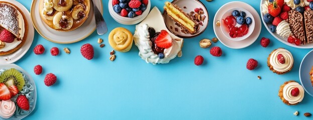 Wall Mural - Assortment Of Delicious Desserts And Pastries With Fresh Fruits On Vibrant Turquoise Background