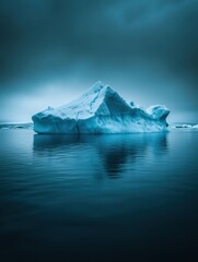 Fototapete - Melting iceberg floats serenely in dark blue waters under an empty sky for text placement. Generative AI
