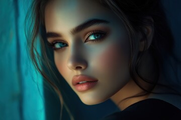Aufkleber - Captivating beauty portrait of a woman showcasing smooth skin and striking features with artistic lighting. Generative AI