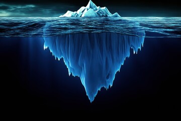 Fototapete - Melting iceberg adrift in tranquil dark blue waters with empty sky above. Generative AI
