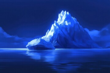 Fototapete - Melting iceberg in dark blue waters under an empty sky offers a serene and impactful view of climate change. Generative AI