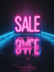 Aufkleber - Bright neon sale sign illuminating a dark space with glowing reflections on the ground in a retail setting. Generative AI