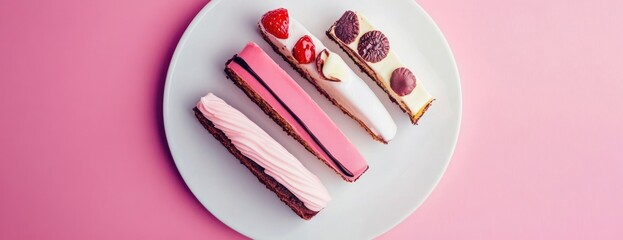 Wall Mural - Colorful Confection Assortment on White Plate with Pink Backdrop Featuring an Overhead View of Glazed Pastries Adorned with Cream Chocolate and Cherries in Minimalist Design a Still Life Presentation