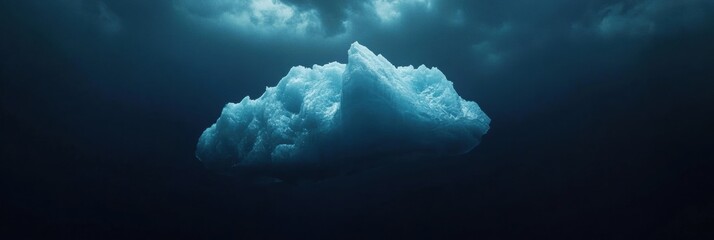 Poster - Melting iceberg floats serenely in deep blue water under an empty sky, highlighting climate change effects in remote locations. Generative AI