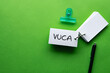 © hogehoge511 - There is word card with the word VUCA. It is an abbreviation for Volatility, Uncertainty, Complexity, Ambiguity as eye-catching image.