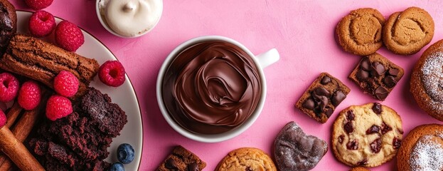 Wall Mural - Delectable Assortment of Cookies Brownies and Berries Displayed on a Pink Background Featuring Rich Chocolate in a White Cup with Fresh Raspberries Blueberries and Various Baked Treats Creating