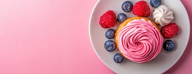 Wall Mural - Delicious Berry Tart with Pink Cream and Meringue on White Plate Presented Against Pink Background a Culinary Delight Featuring Blueberries and Raspberries in Clean Studio Shot Offering Copy Space