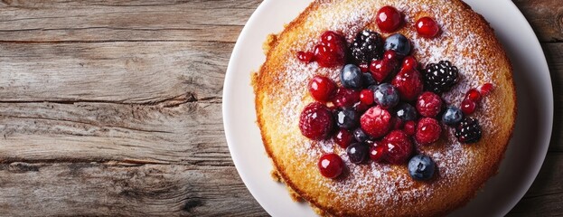 Wall Mural - Delicious Berry Cake on White Plate Displayed on Rustic Wooden Tabletop with Powdered Sugar a Sweet Dessert Featuring Raspberries Blueberries and Blackberries with Natural Light Highlighting the