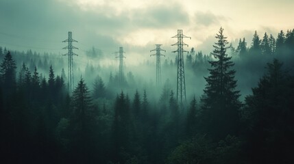 Poster - Eco friendly natural gas infrastructure among misty forest showcasing green energy potential in serene nature. Generative AI