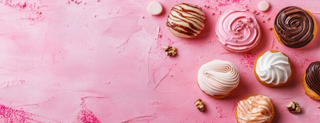 Wall Mural - Delicious Marshmallow Confections Displaying a Variety of Flavors Including Chocolate Vanilla and Pink Frosting on a Textured Pink Background with Scattered Popcorn in a Studio Shot Flat Lay