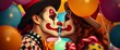 © vanAmsen - A close-up of two people dressed as clowns, their faces painted with vibrant makeup, leaning in for