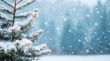 Sticker - Winter Landscape - Fir Tree With Snow And Forest In Background - Abstract Defocused Snowflakes