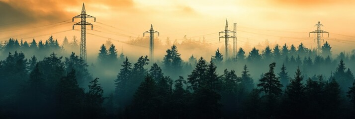 Poster - Eco friendly natural gas infrastructure rises through misty forest at sunrise showcasing green energy potential. Generative AI