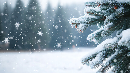 Wall Mural - Winter Landscape - Fir Tree With Snow And Forest In Background - Abstract Defocused Snowflakes