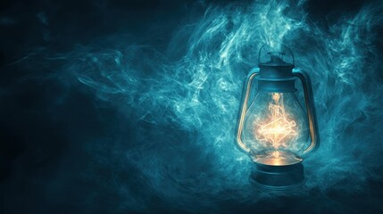 Aufkleber - Glowing gas lamp illuminates dark surroundings, creating an enchanting atmosphere with wisps of mist. Generative AI