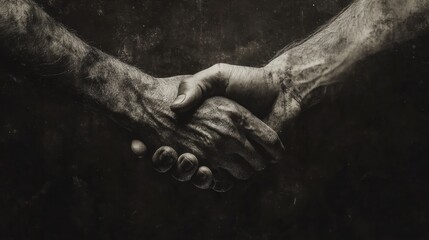 Poster - Grunge style handshake between two strong hands expressing unity and connection in a textured dark background. Generative AI